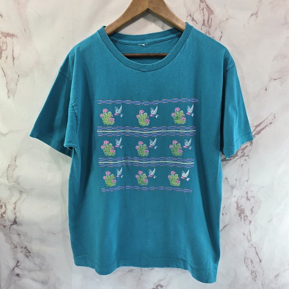 Vintage T Shirt Women Large Blue 90s Southwest Cactus Bird Turquoise Hummingbird